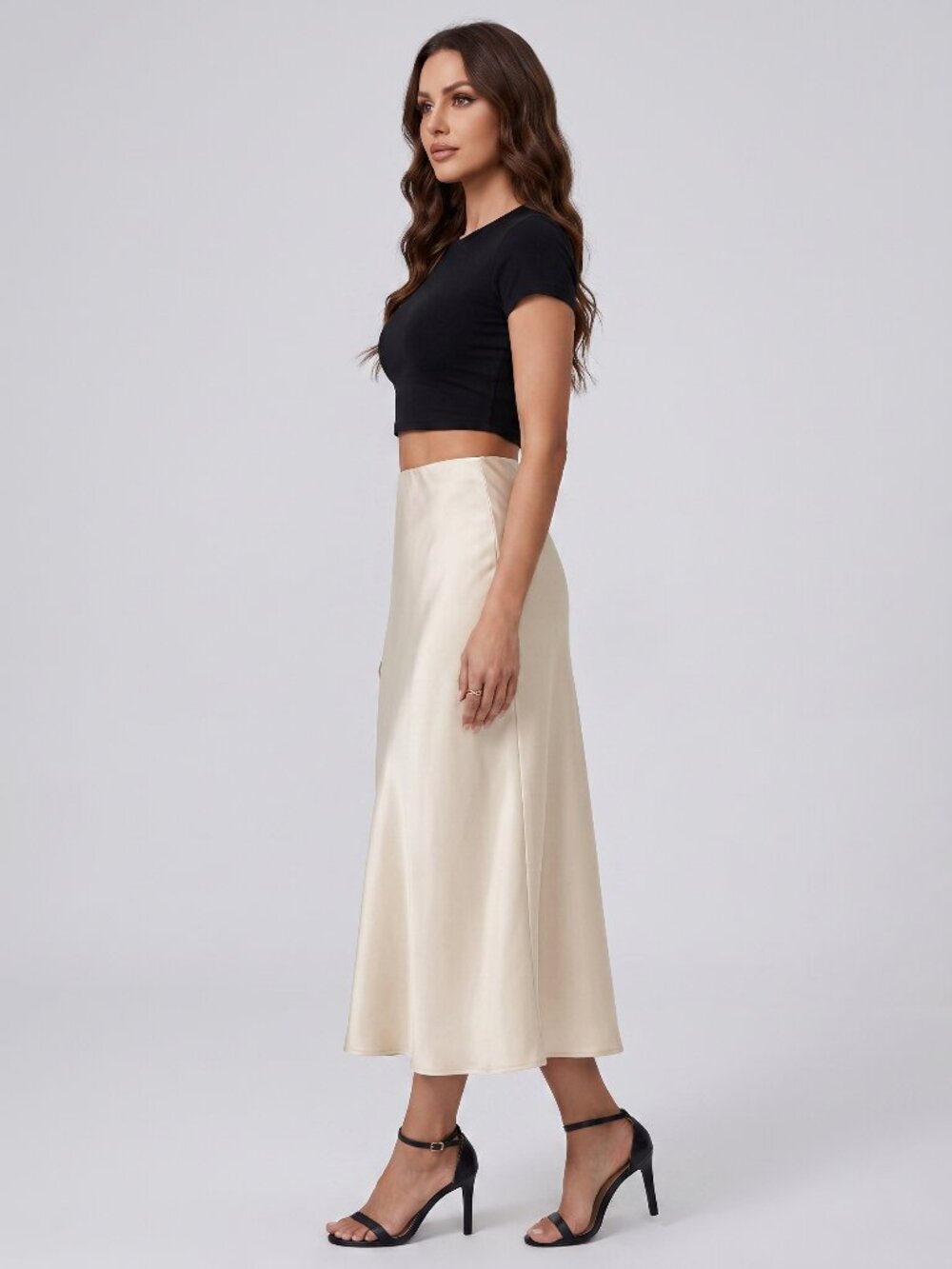 Women's Beige Satin Maxi Skirt High Waist Bias Cut Wedding Guest Slip Style